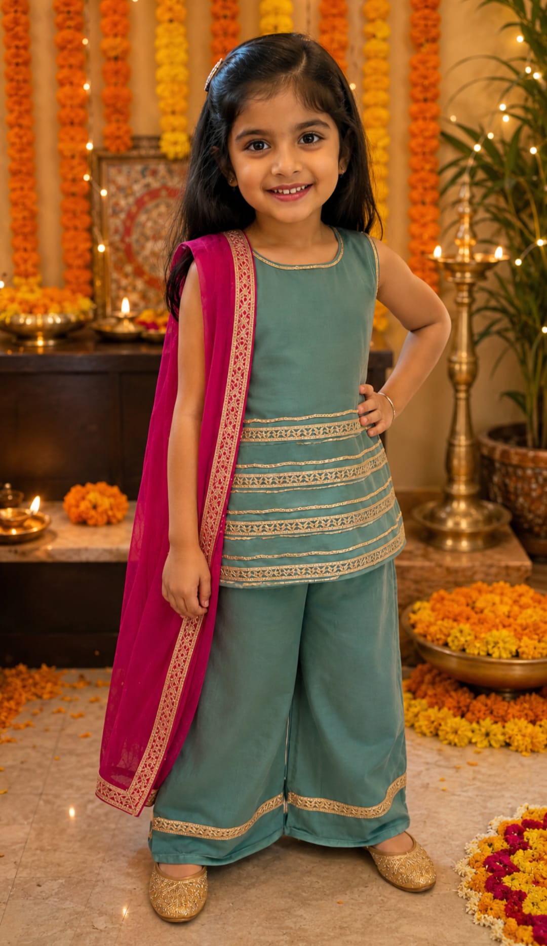 A young girl modeling a teal green traditional Indian salwar kameez set with a bright pink dupatta draped over her shoulder, standing in a decorated indoor setting with marigold garlands and lamps.