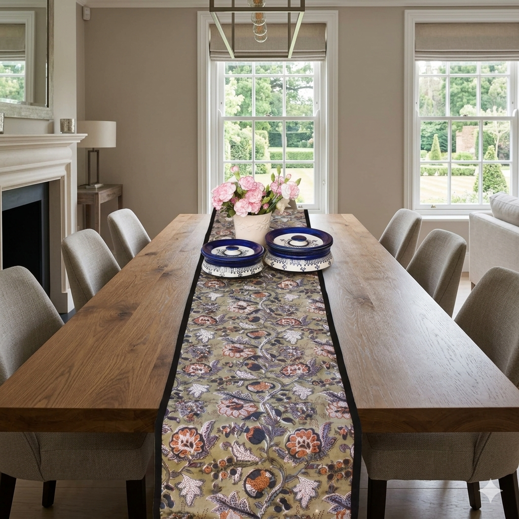 Dining room with a long wooden table set for a meal, featuring a floral table runner and decorative items.