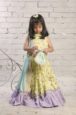 Load image into Gallery viewer, Yellow animal print lehenga with frills, blouse, Potli bag set
