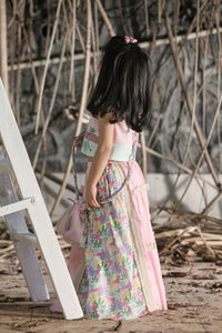 Pink and tropical print lehengas, strappy blouse, potli bag set