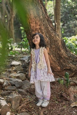 Load image into Gallery viewer, Off-white, pink, lavender animal print A-line kurta with frills &amp; salwar set
