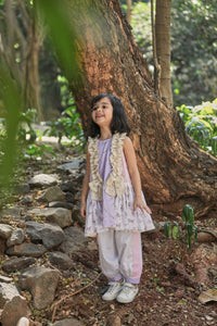 Off-white, pink, lavender animal print A-line kurta with frills & salwar set