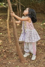 Load image into Gallery viewer, Off-white, pink, lavender animal print A-line kurta with frills &amp; salwar set
