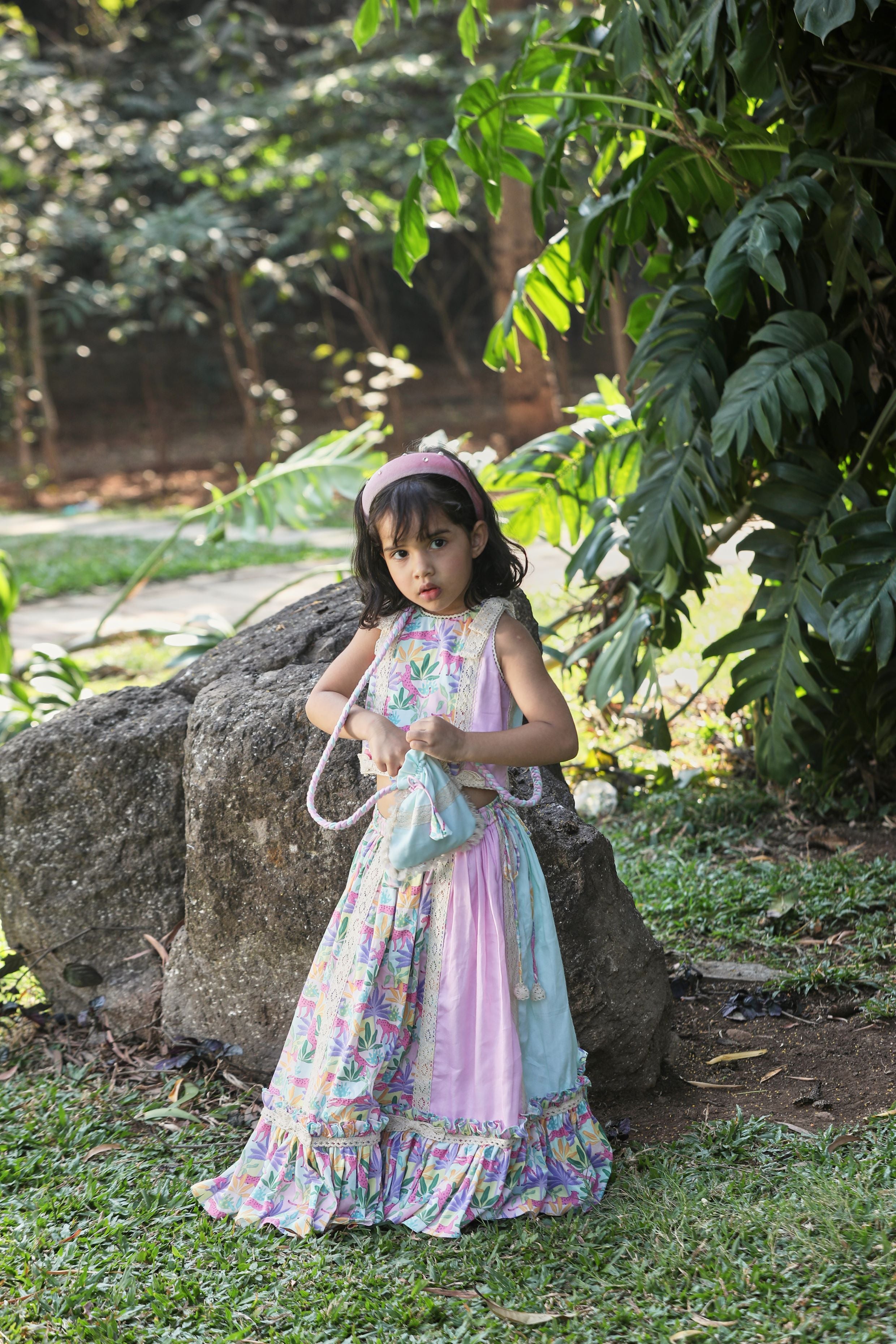 Tropical print lehenga with frills, blouse, Potli bag set