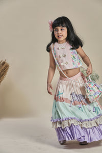 Peach and mint lehenga with frills, blouse, potli bag set