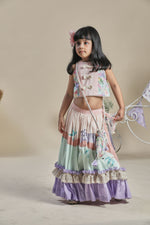 Load image into Gallery viewer, Peach and mint lehenga with frills, blouse, potli bag set
