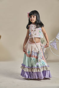 Peach and mint lehenga with frills, blouse, potli bag set