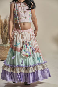 Peach and mint lehenga with frills, blouse, potli bag set