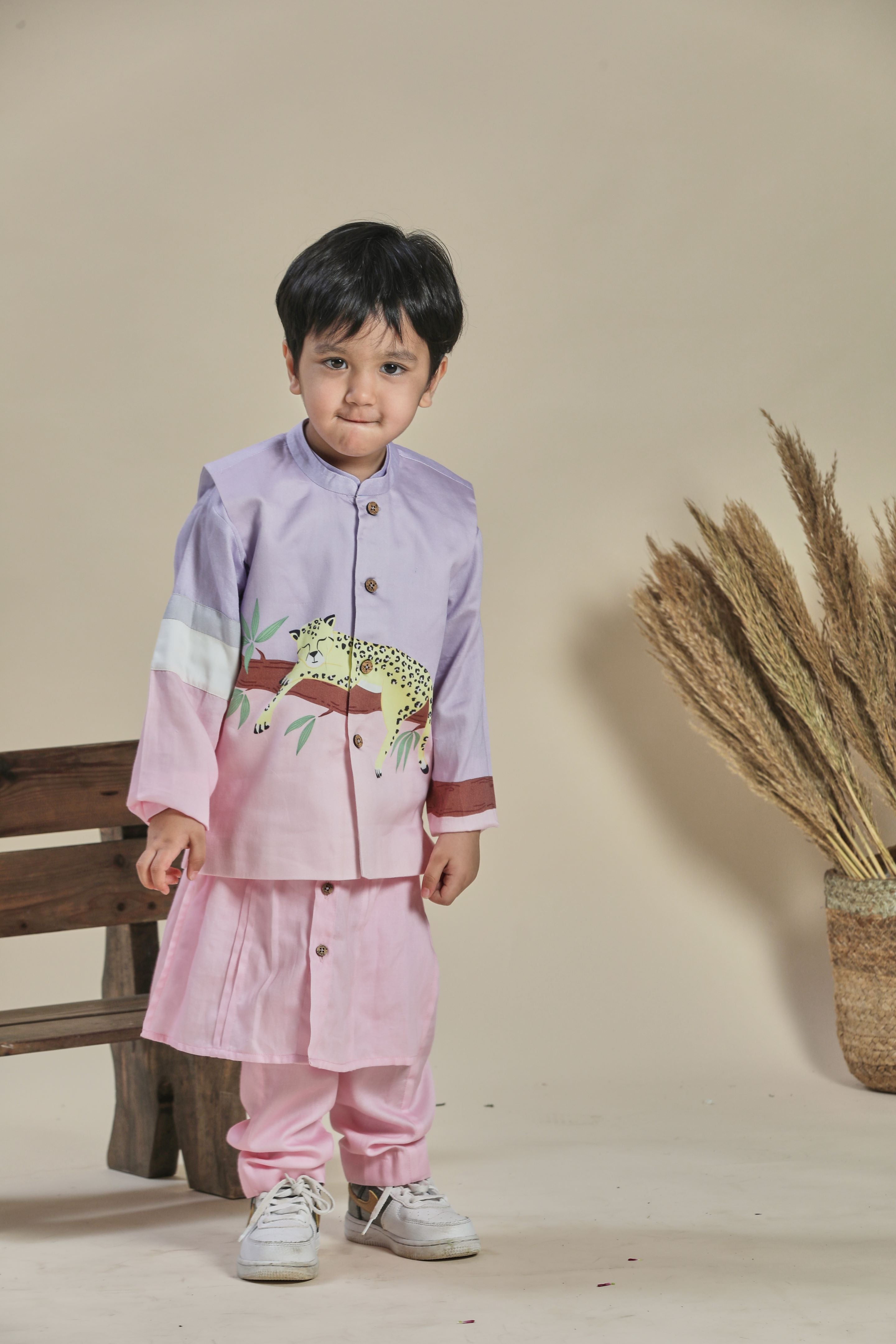 Pink and lavender bandi, kurta and pants set