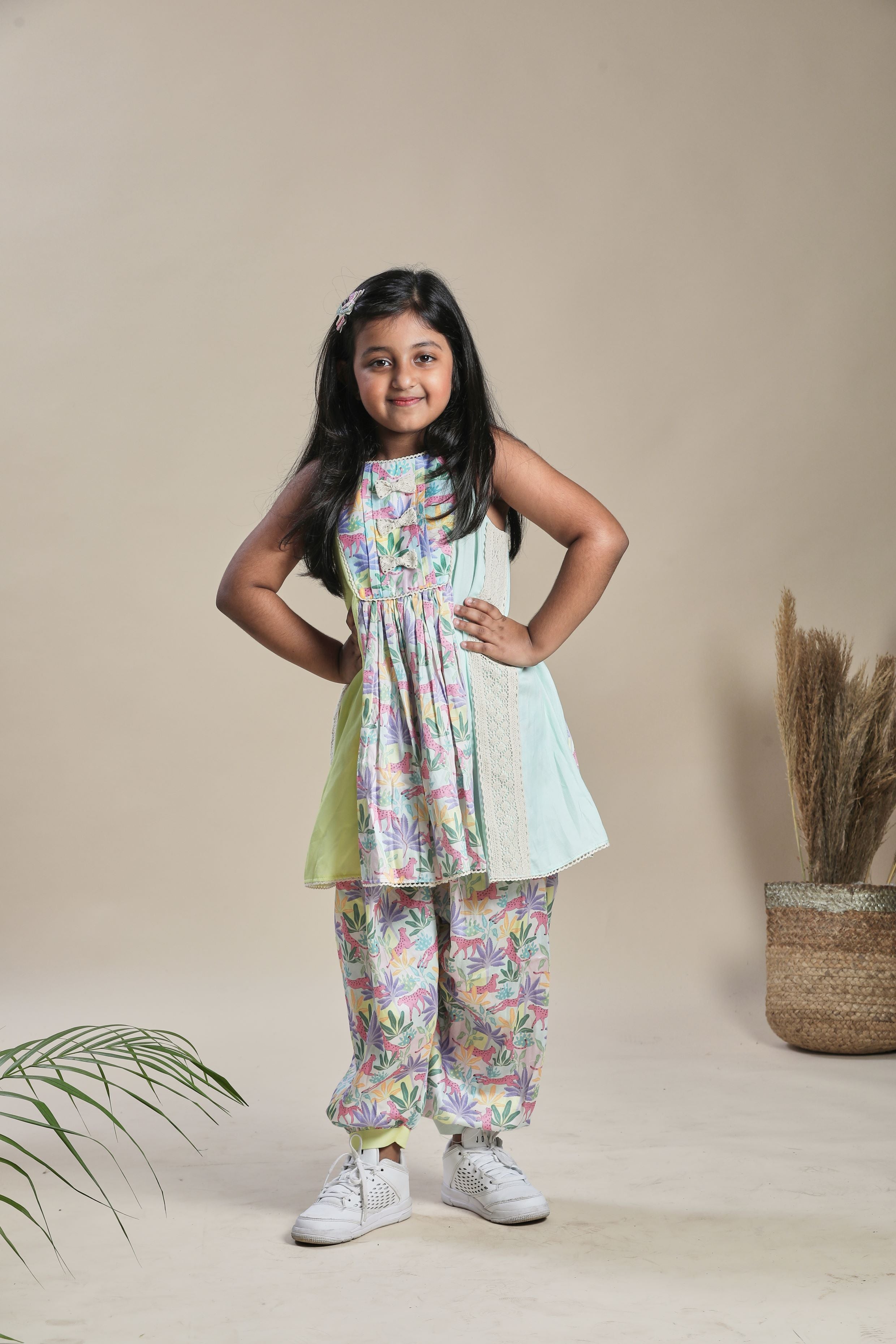 Tropical print kurta with yoke and salwar set