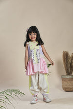 Load image into Gallery viewer, Yellow, lavender and pink A-line kurta with frills and salwar set
