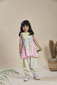 Yellow, lavender and pink A-line kurta with frills and salwar set