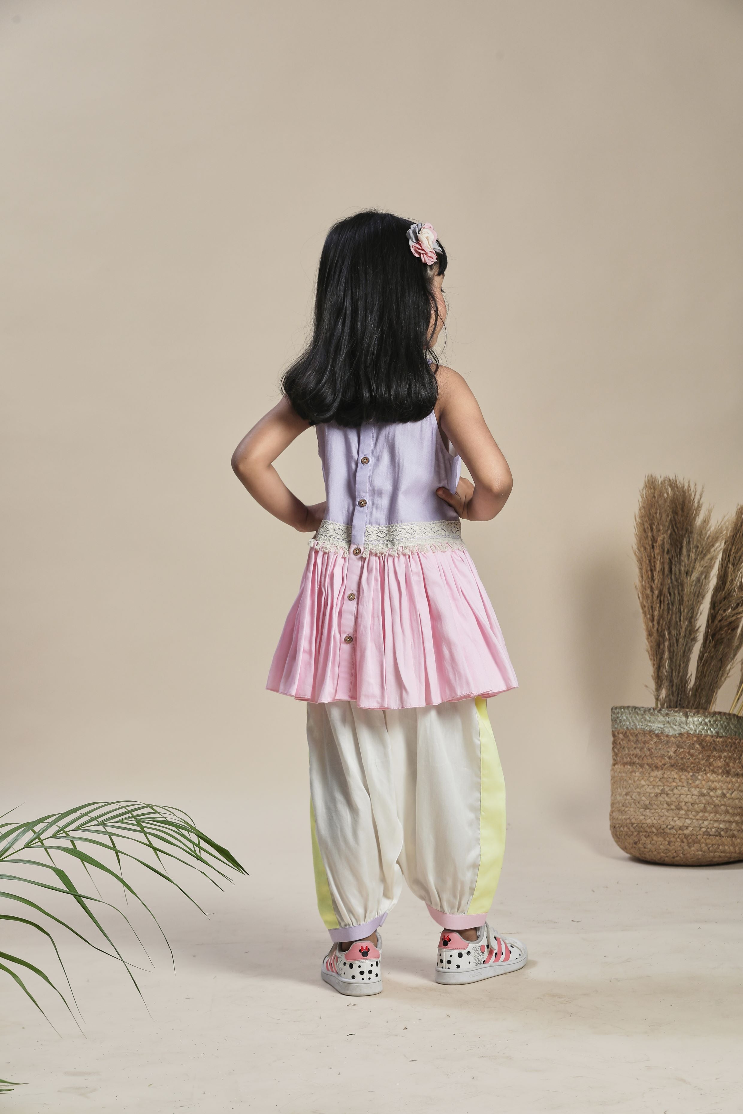 Yellow, lavender and pink A-line kurta with frills and salwar set