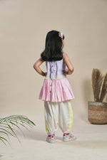 Load image into Gallery viewer, Yellow, lavender and pink A-line kurta with frills and salwar set
