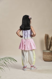 Yellow, lavender and pink A-line kurta with frills and salwar set