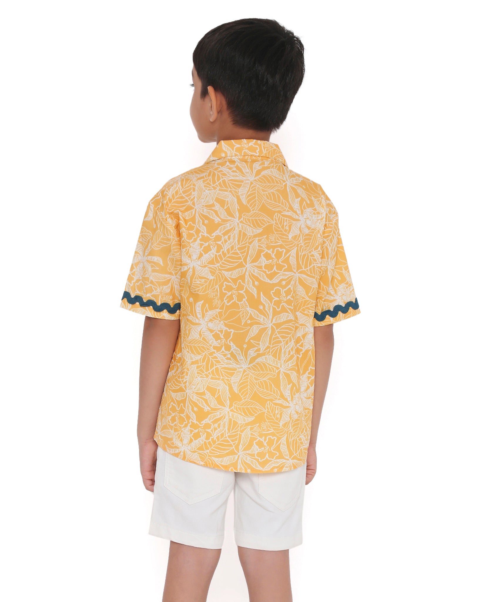 Buttercup Floral Printed Cotton Shirt with Cuban Collar, Yellow