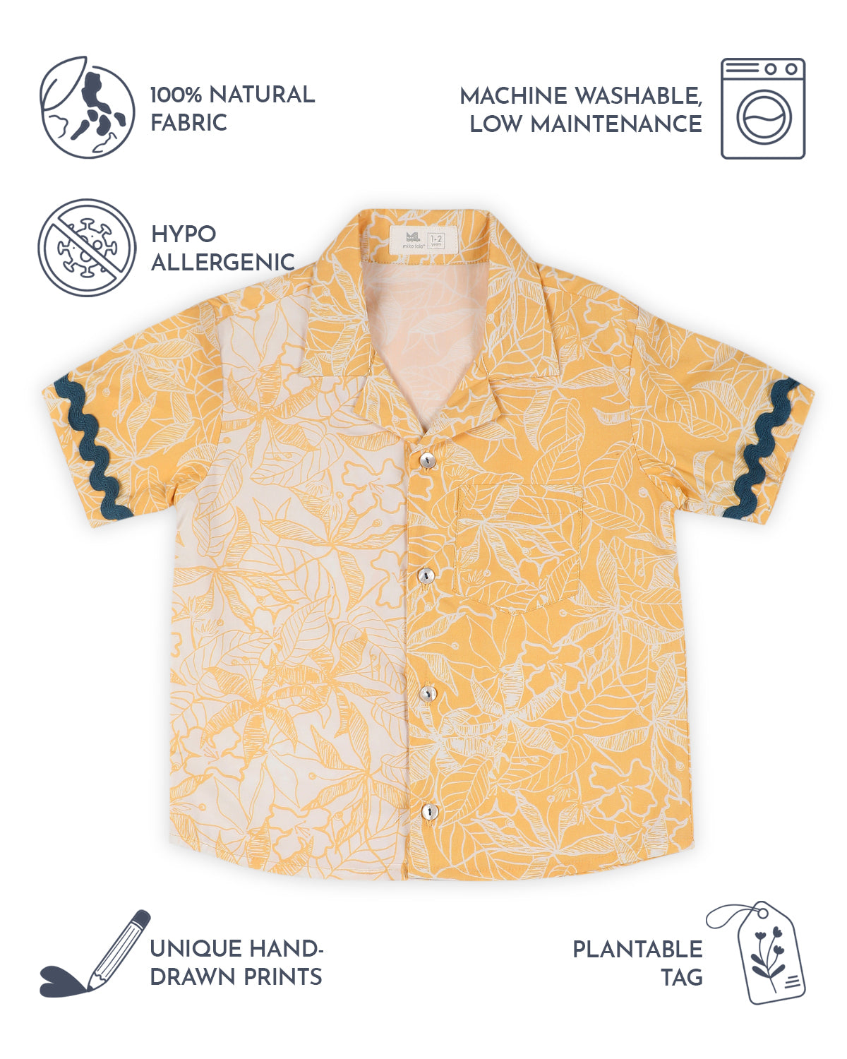 Buttercup Floral Printed Cotton Shirt with Cuban Collar, Yellow