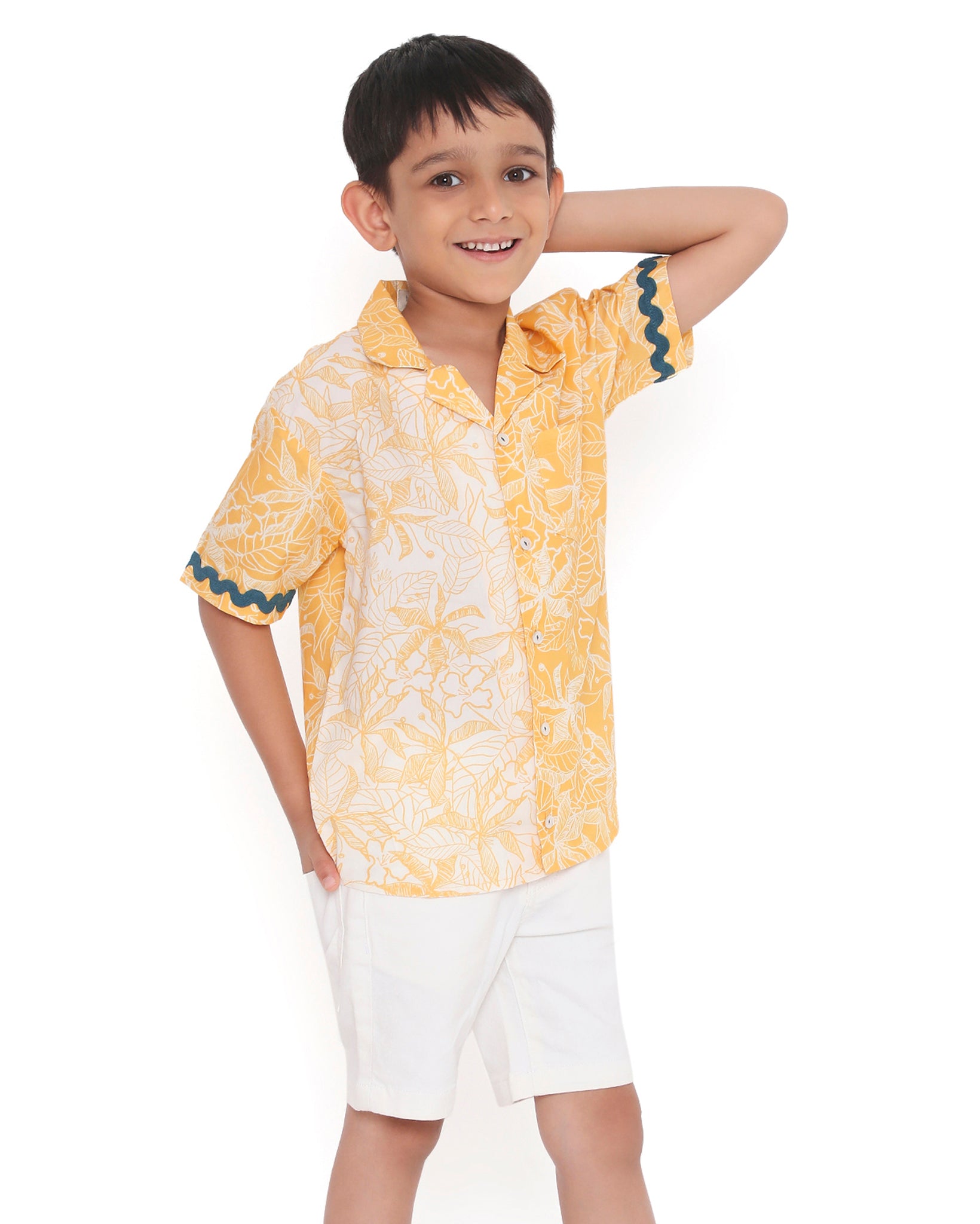 Buttercup Floral Printed Cotton Shirt with Cuban Collar, Yellow