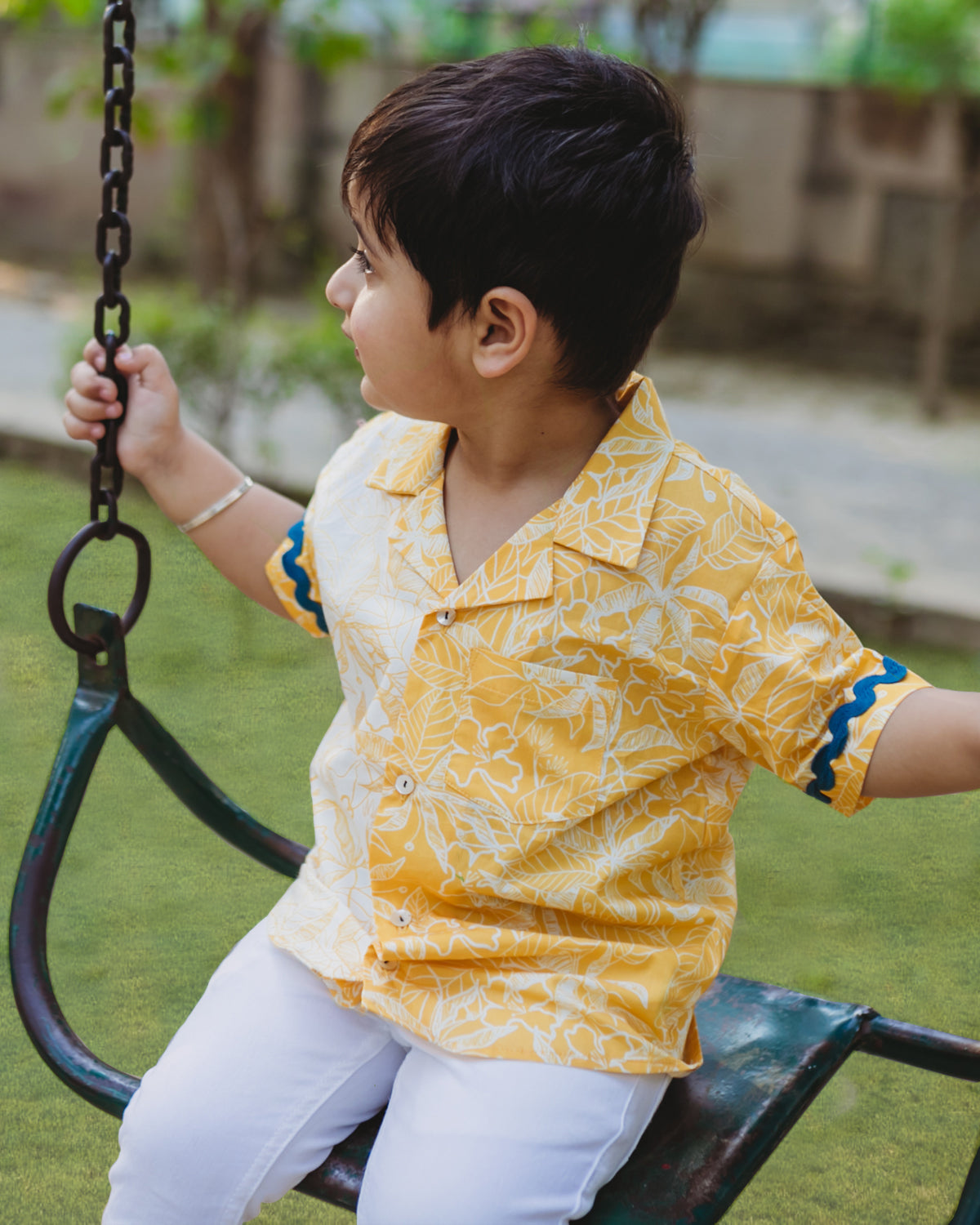 Buttercup Floral Printed Cotton Shirt with Cuban Collar, Yellow