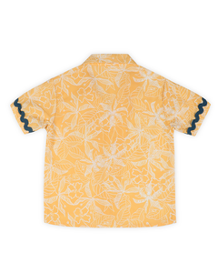 Buttercup Floral Printed Cotton Shirt with Cuban Collar, Yellow