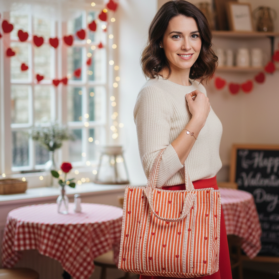 Woman holding a heart patterned  block print tote bag in a decorated room for Valentine's Day decorations.