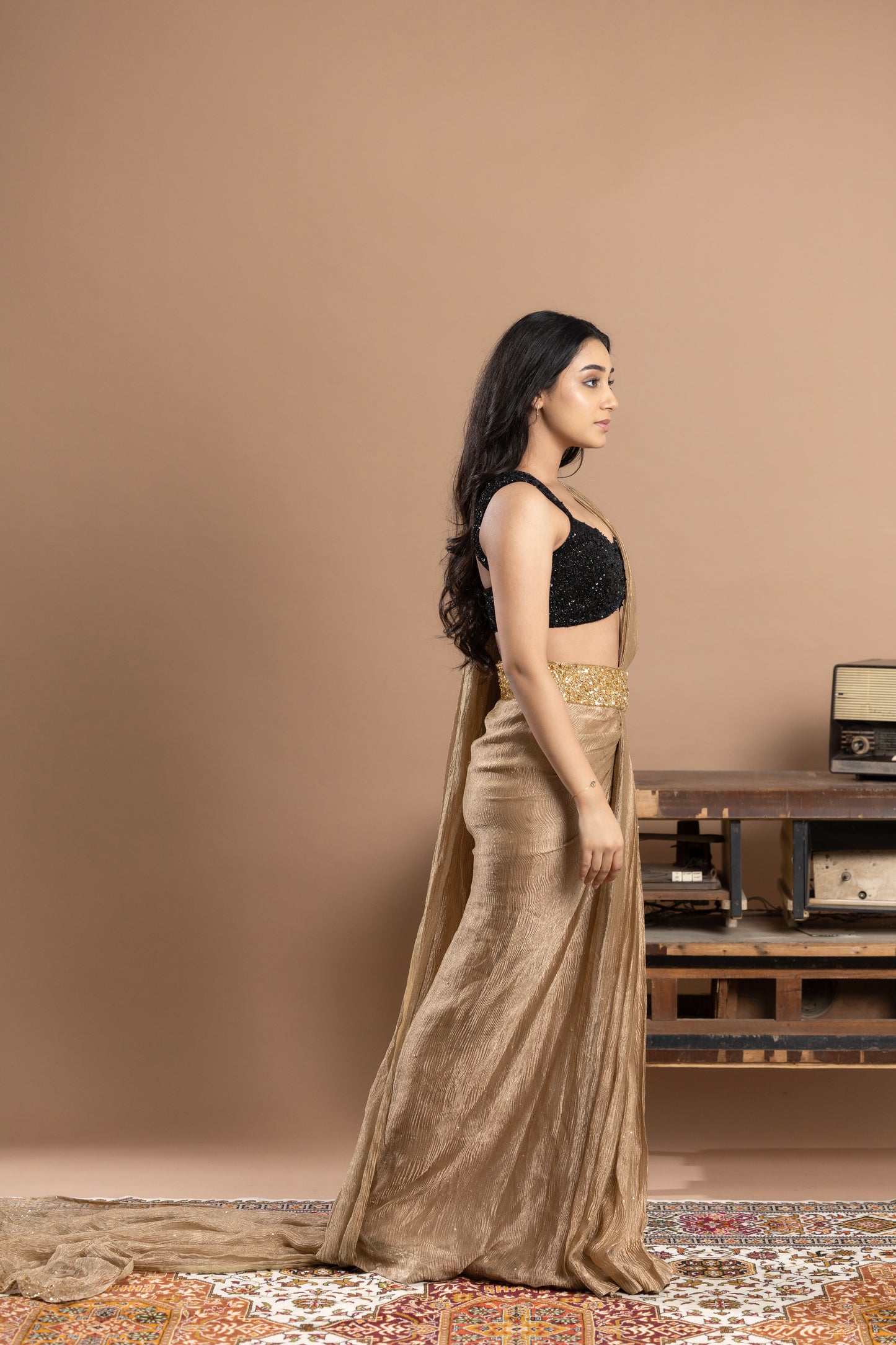 Black & Gold, Sequined Blouse with Pre- draped saree