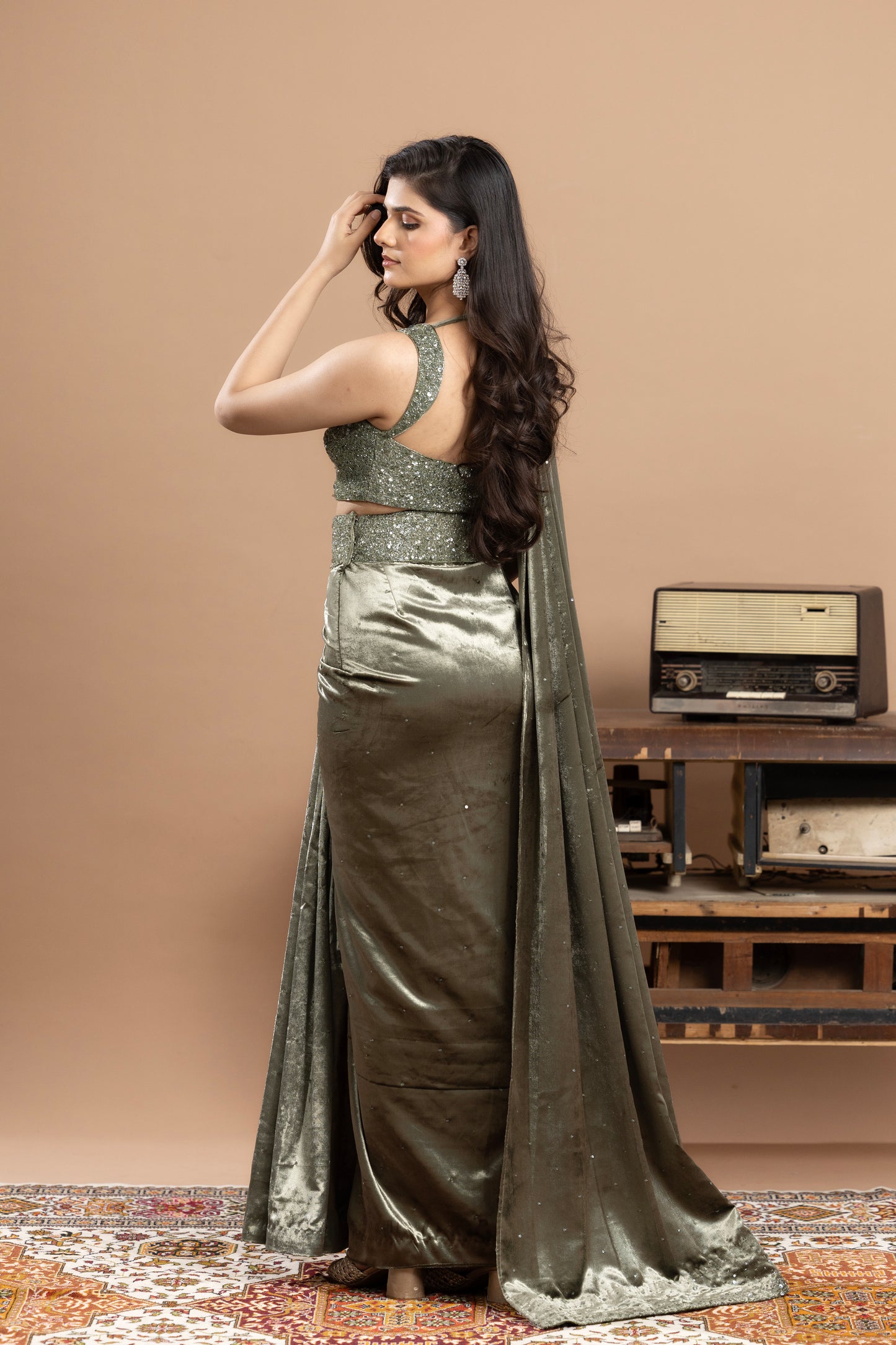 Sage green Sequined Blouse with Pre- draped saree