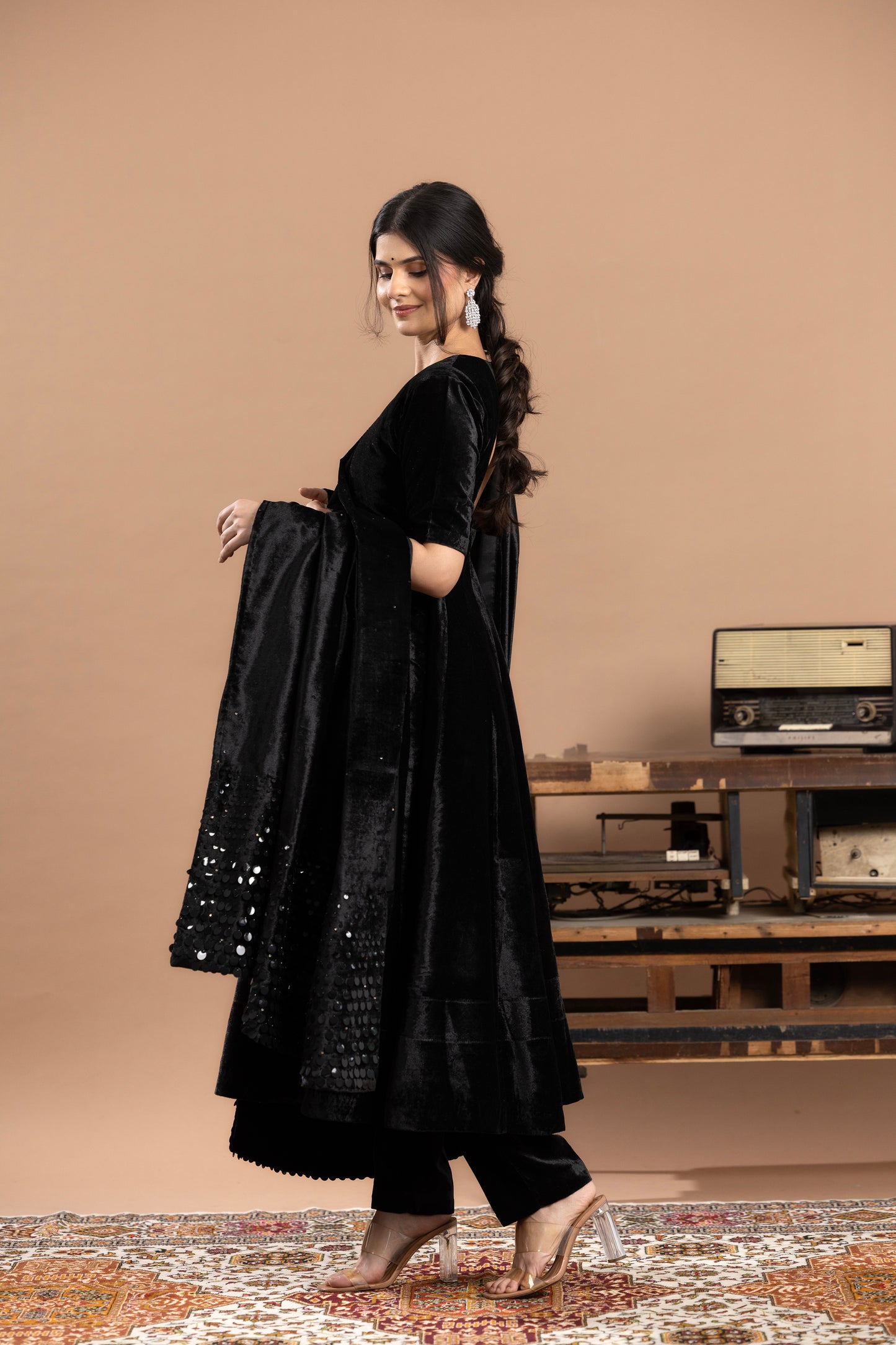 Sequined Anarkali with dupatta - Black
