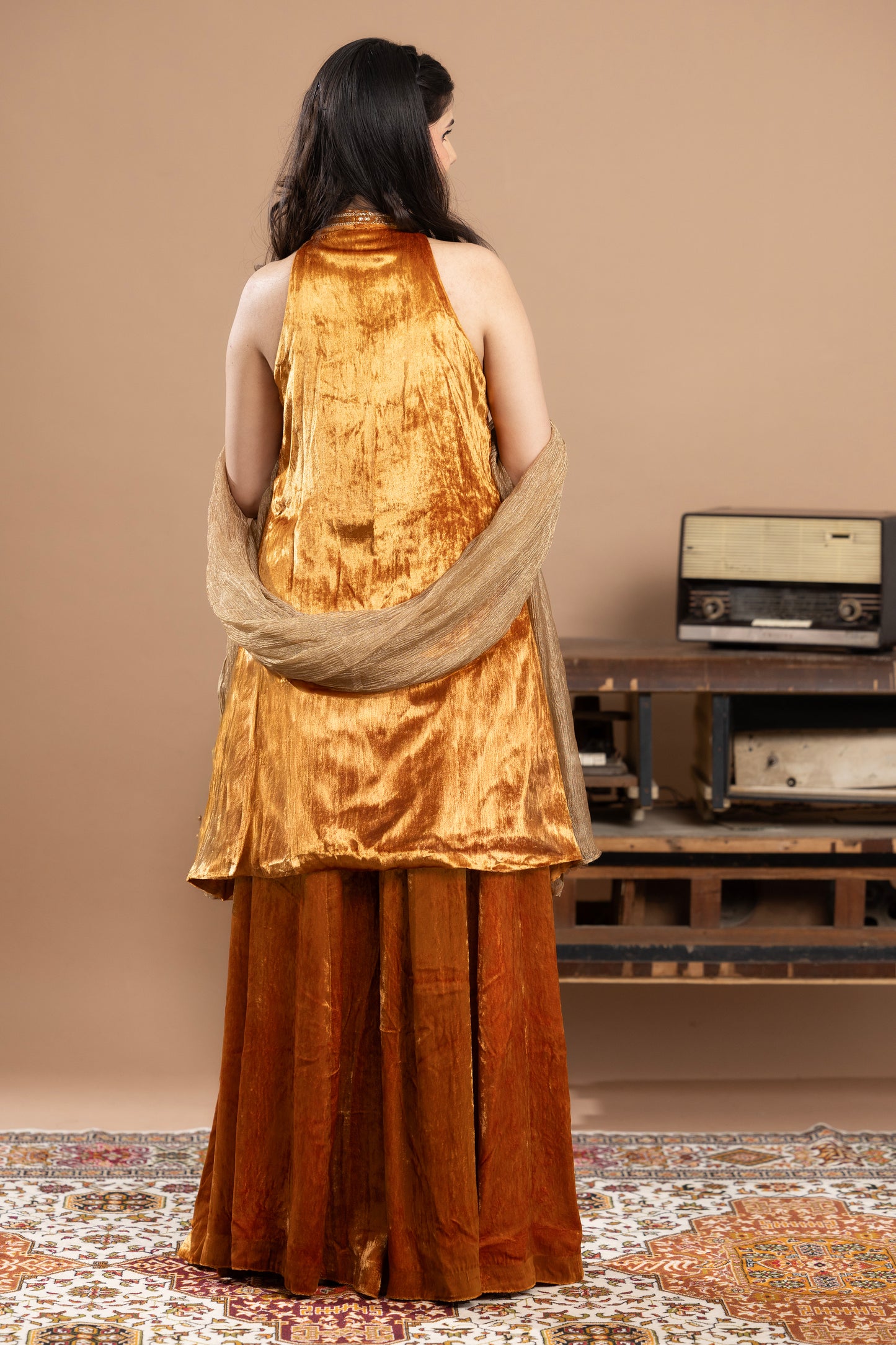 Rivaaj Short kurta, Gharara & dupatta - Burnt Orange and golden