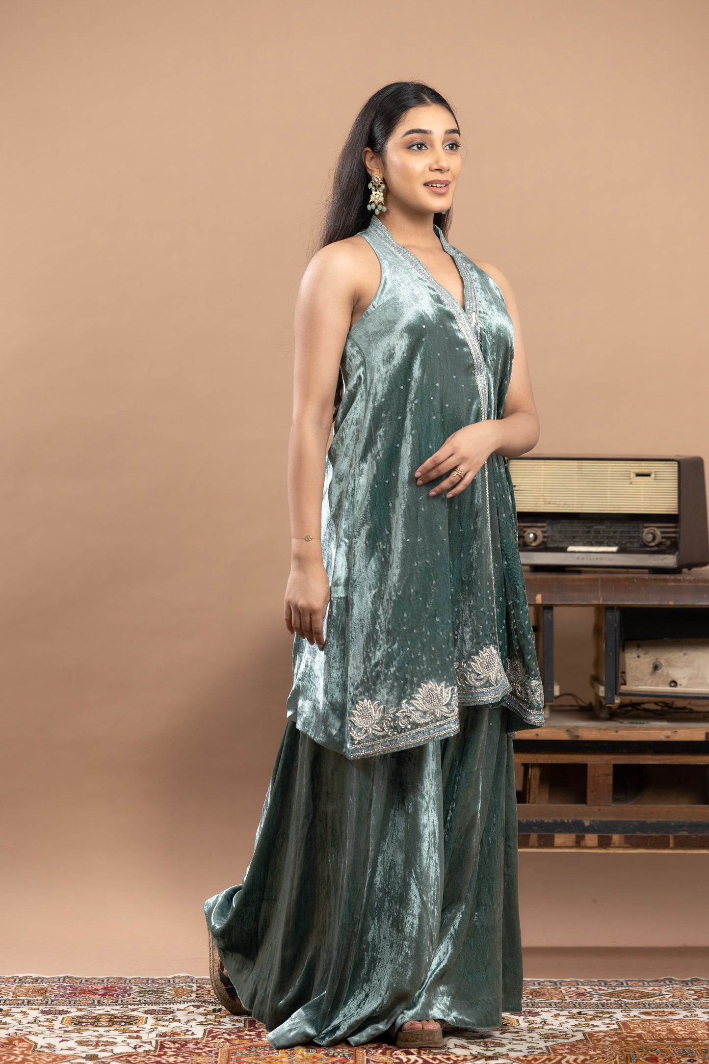 Rivaaj Short kurta, Gharara & dupatta - Aqua Blue and Silver