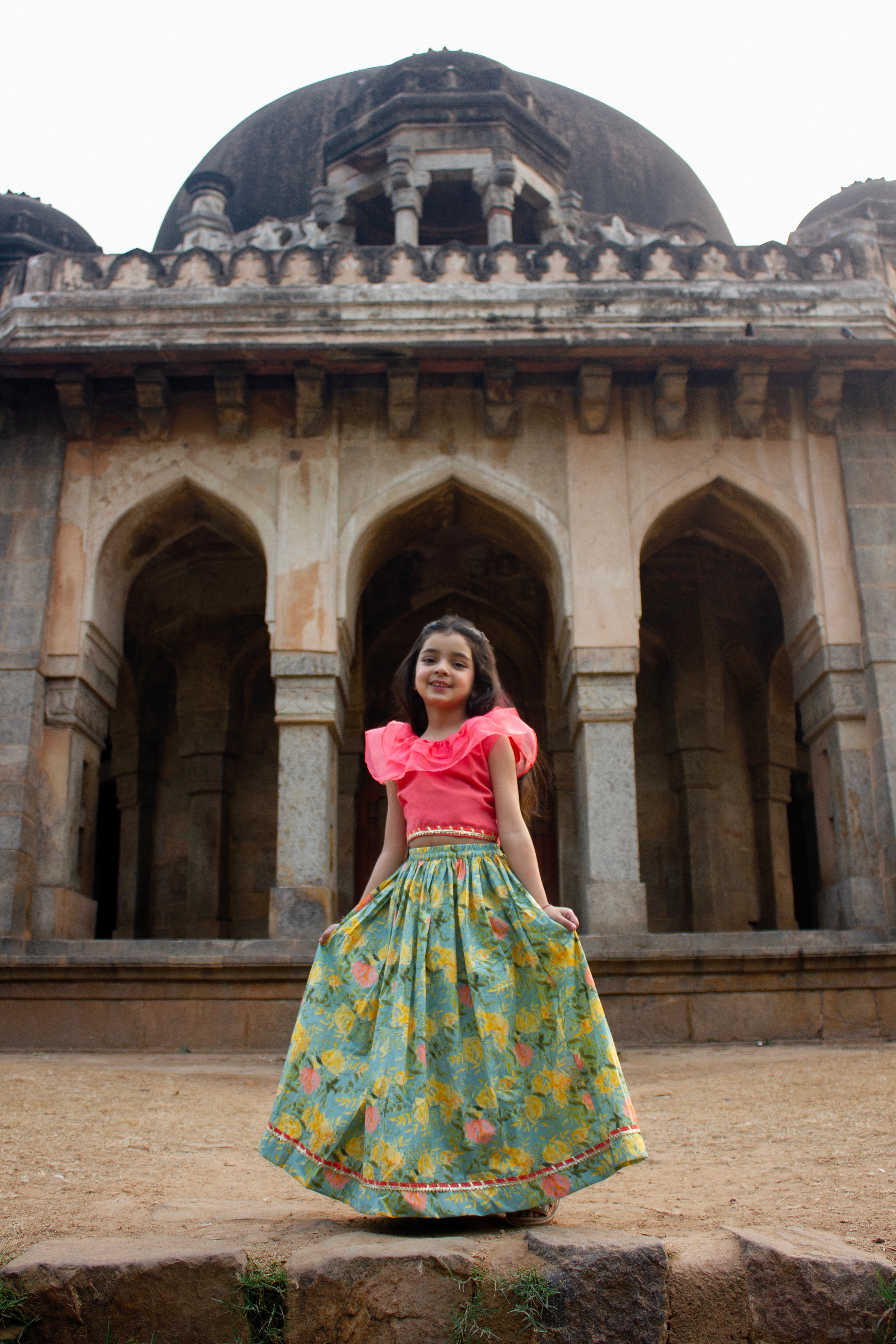 Lyla - Pink top with English blue floral lehenga