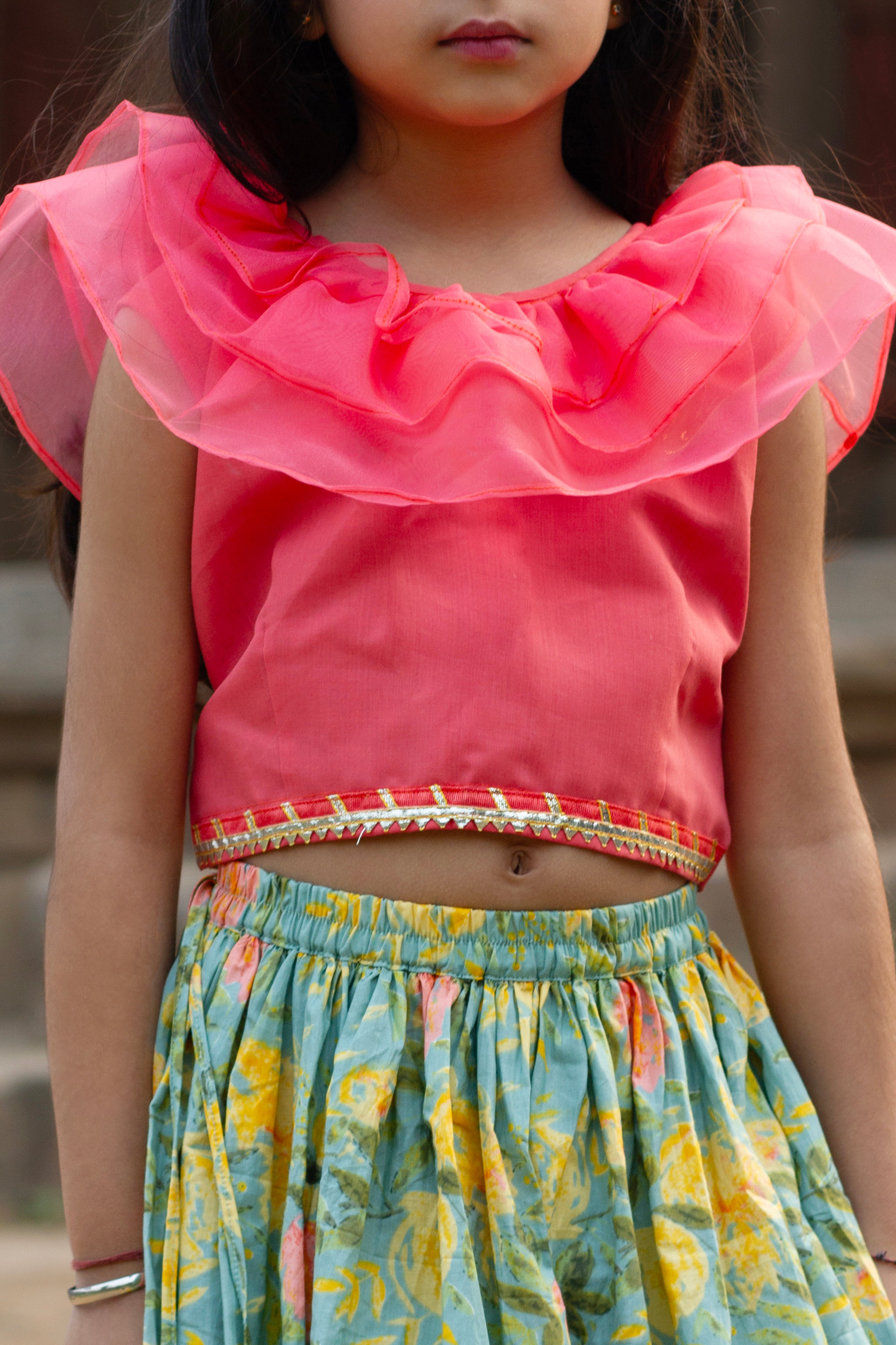 Lyla - Pink top with English blue floral lehenga