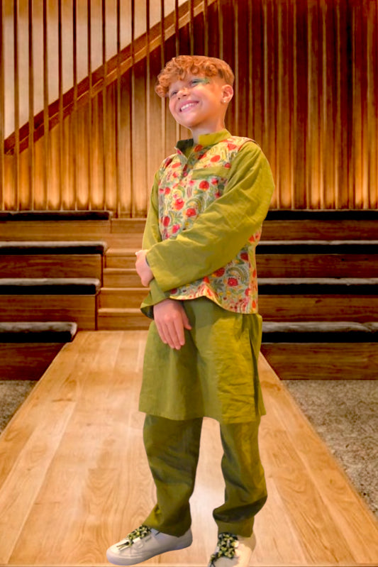 Veer - Green Boys Kurta, Payjama with Floral Jacket