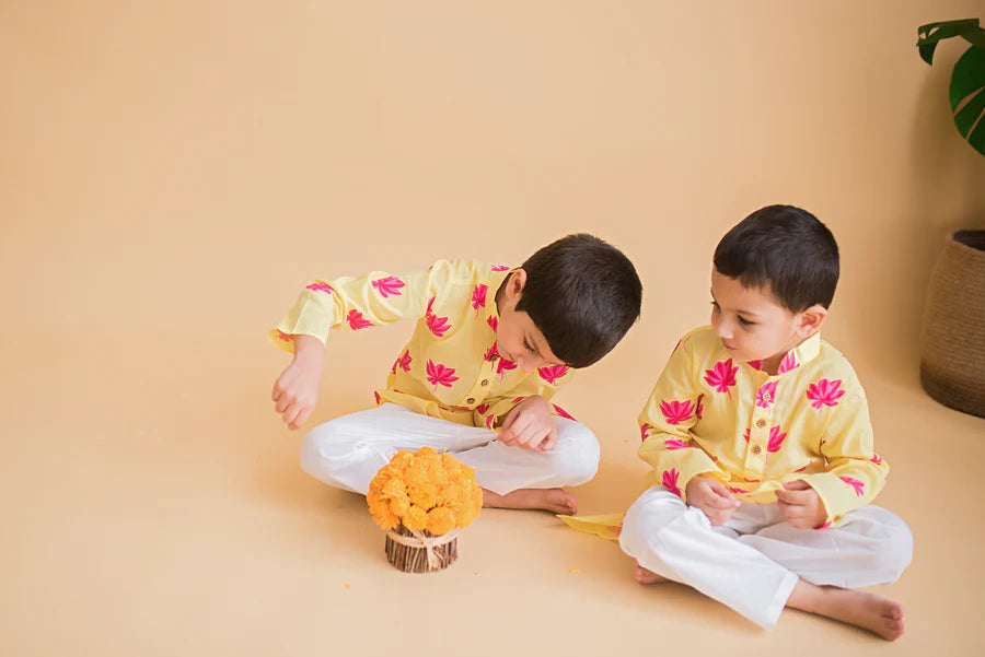 Lotus Blooms Ethnic Kurta Payjama for Boys - Yellow