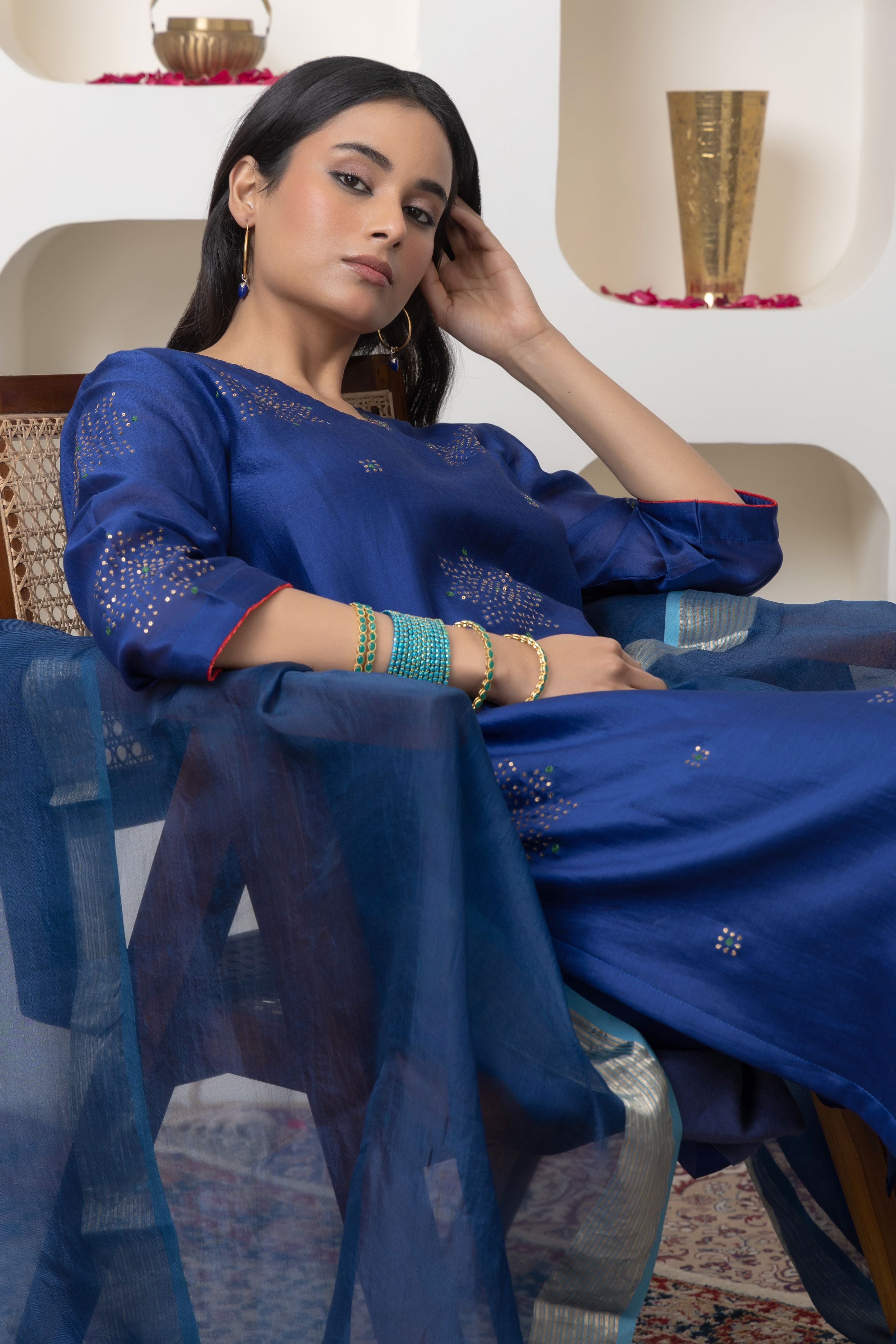 Navy blue hand embroidered chanderi kurta set