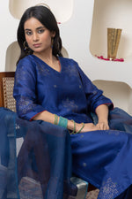 Load image into Gallery viewer, Navy blue hand embroidered chanderi kurta set
