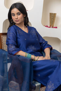 Navy blue hand embroidered chanderi kurta set