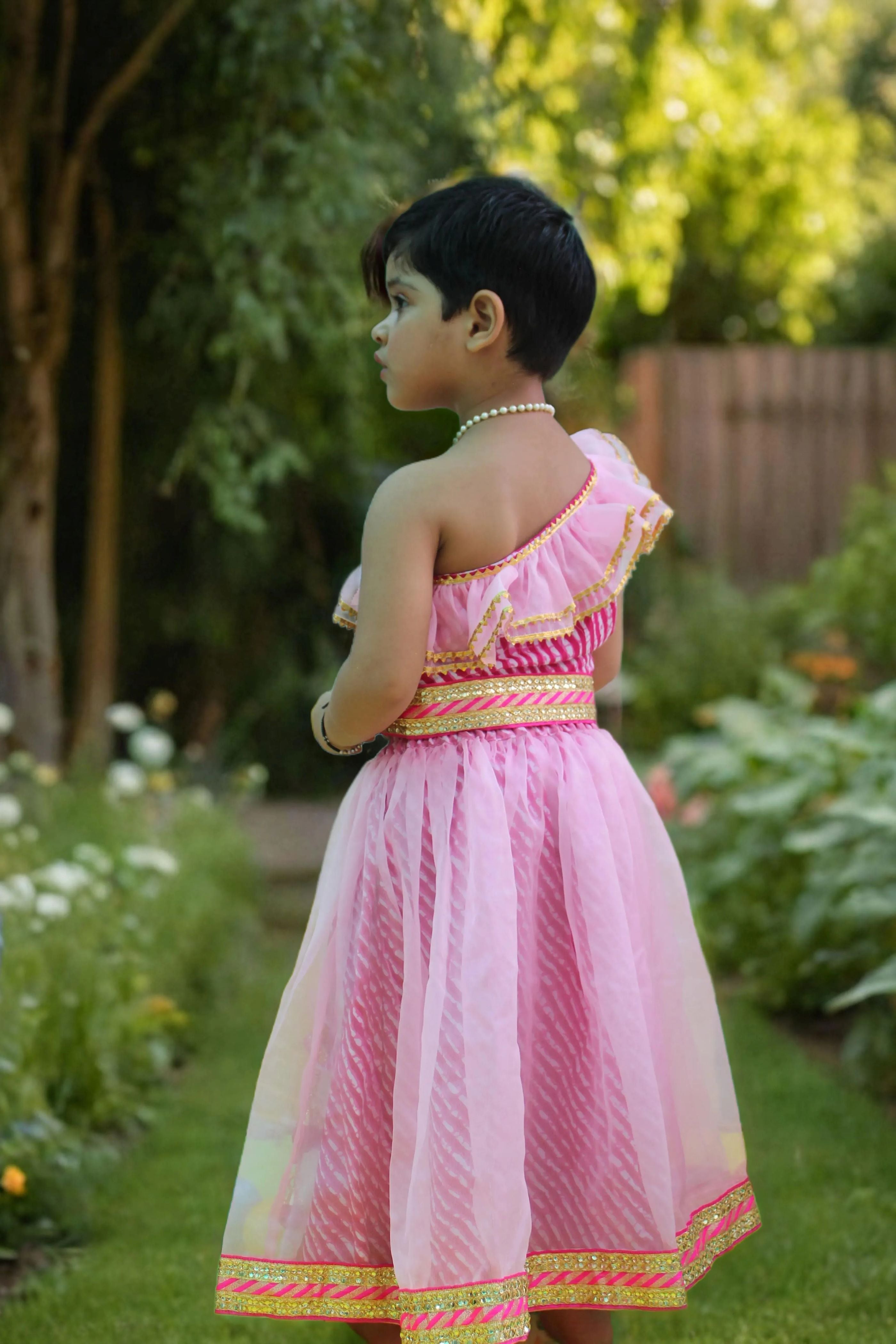 Pink off shoulder leheriya lehenga