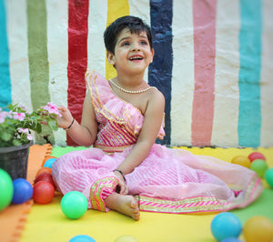 Pink off shoulder leheriya lehenga