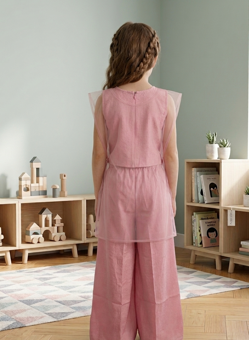 A young girl with braided hair stands with her back to the camera, wearing a dusty pink sleeveless jumpsuit with sheer mesh shoulder panels and wide-leg trousers, set in a bright children's room.