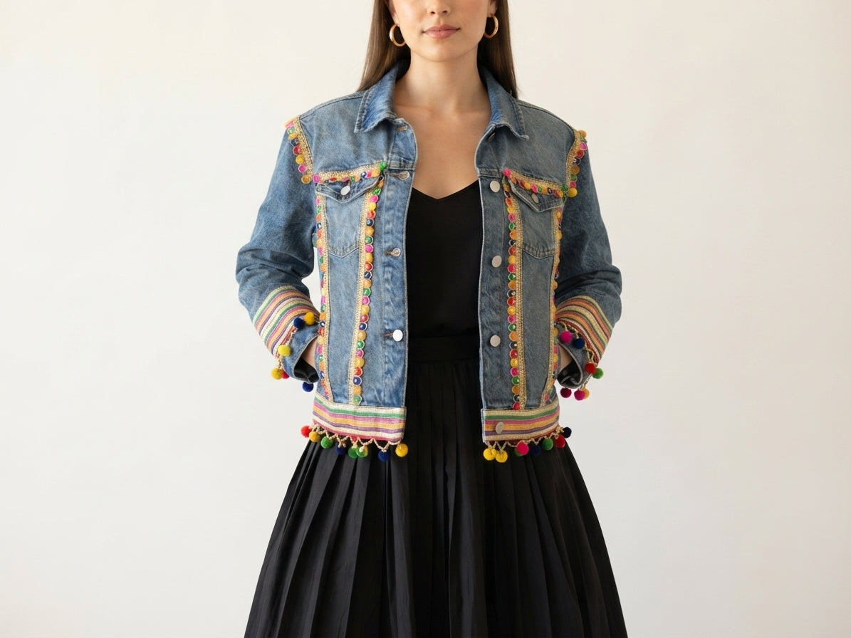 A woman wearing a light blue denim jacket decorated with colorful embroidered stripes, ribbons, and pom-poms, paired with a black top and black pleated skirt, against a plain off-white background.