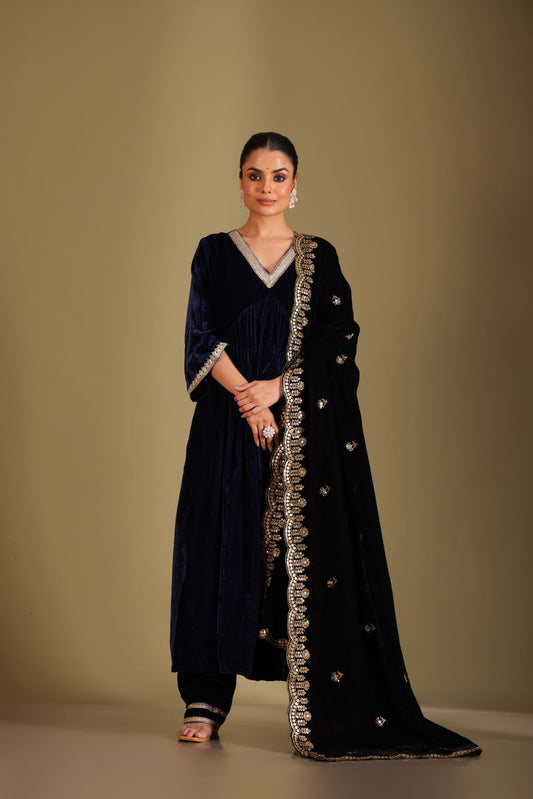 Noor-E-Zar Navy Blue Velvet Kurta with velvet pants and Shawl - Set of 3