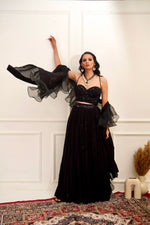 Load image into Gallery viewer, EVAA Black Corset and gathered lehenga
