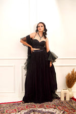 Load image into Gallery viewer, EVAA Black Corset and gathered lehenga
