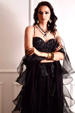 Load image into Gallery viewer, EVAA Black Corset and gathered lehenga
