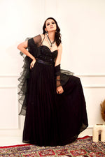 Load image into Gallery viewer, EVAA Black Corset and gathered lehenga
