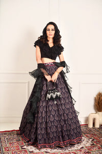 IMAARA black ruffled blouse and printed lehenga