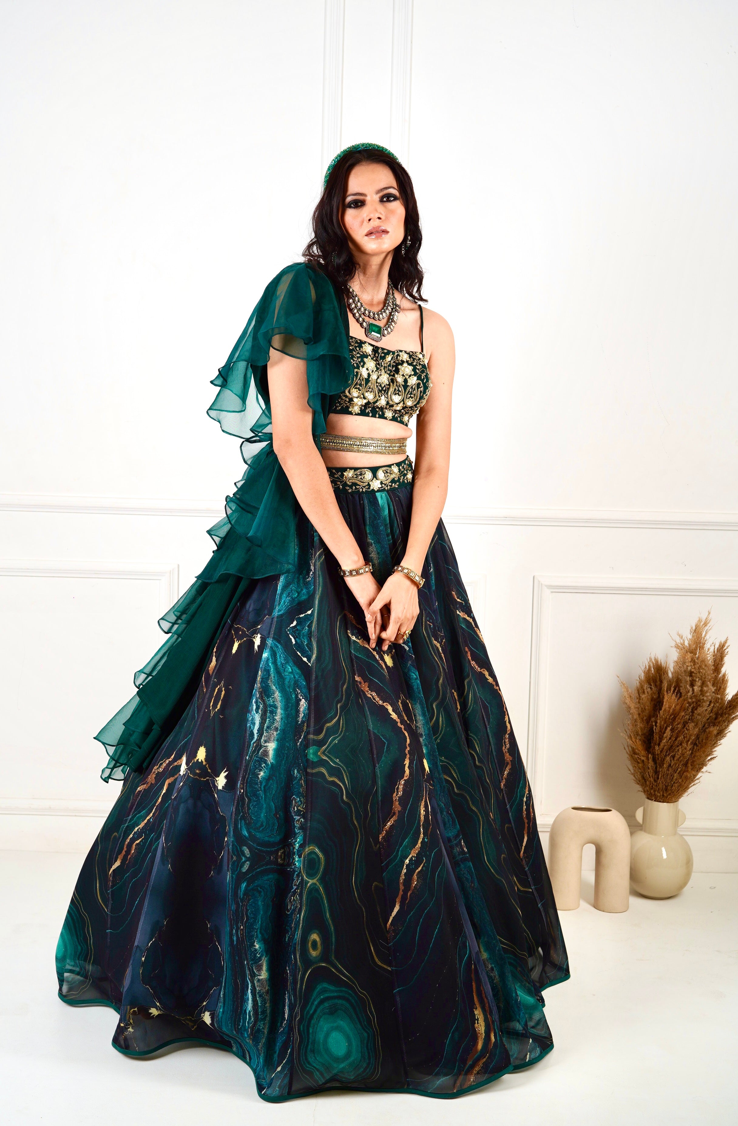 MEESHA Green Marble Print Lehenga