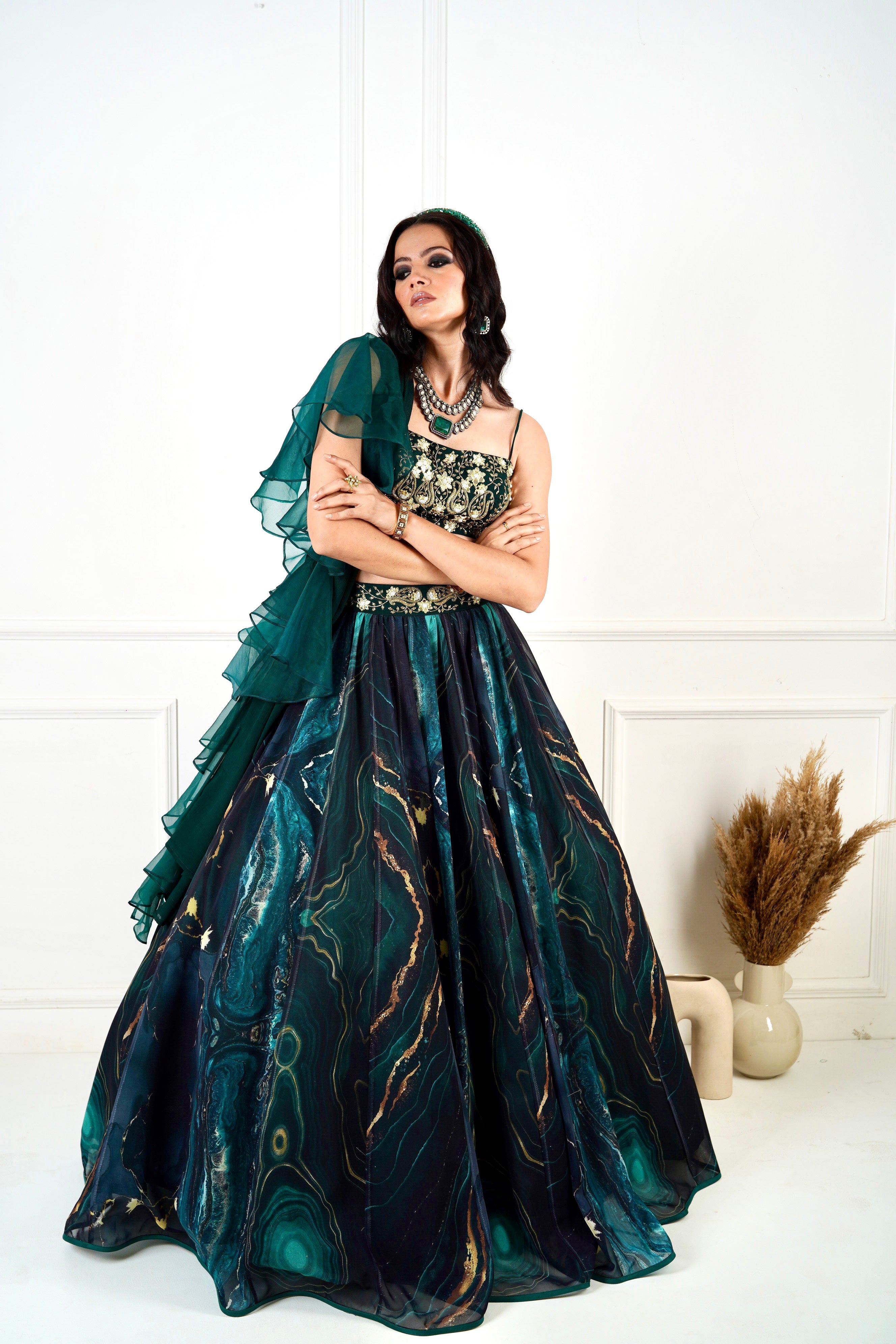 MEESHA Green Marble Print Lehenga