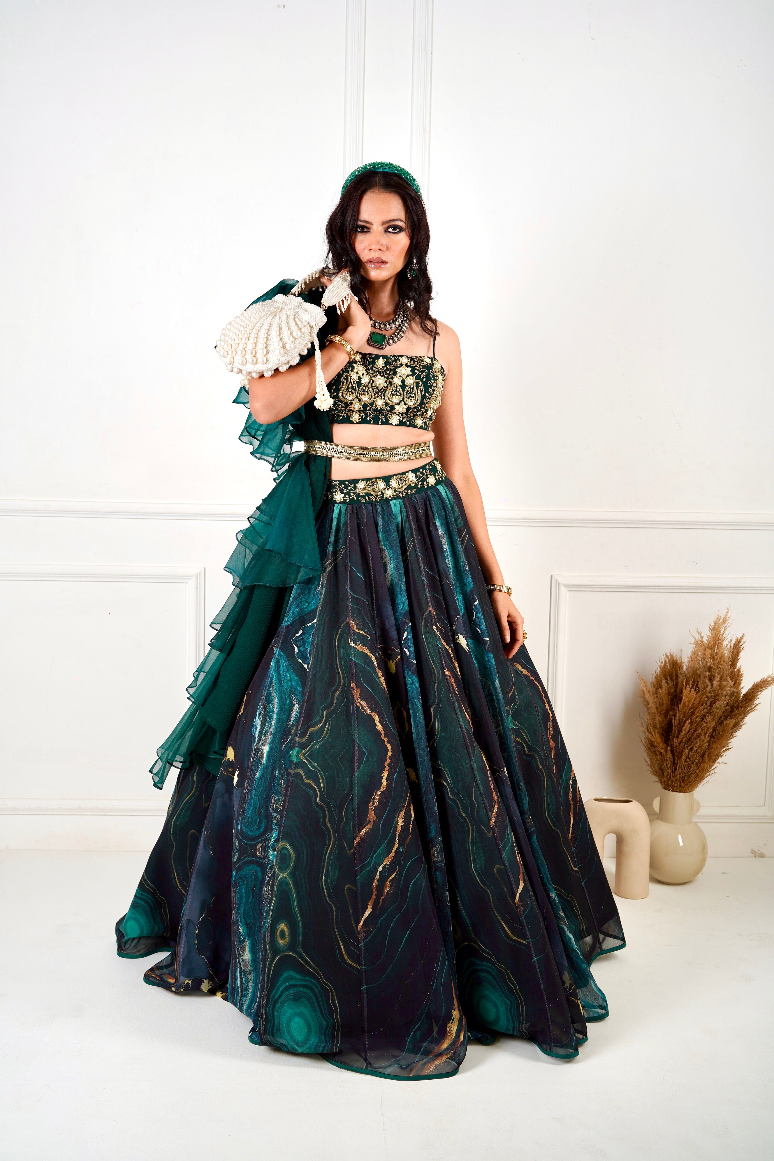 MEESHA Green Marble Print Lehenga